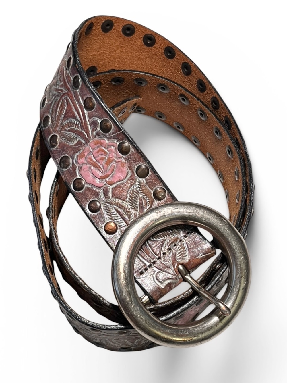 Vintage Streets Ahead Tooled Leather Belt Roses Silver Wash Made in USA M/L